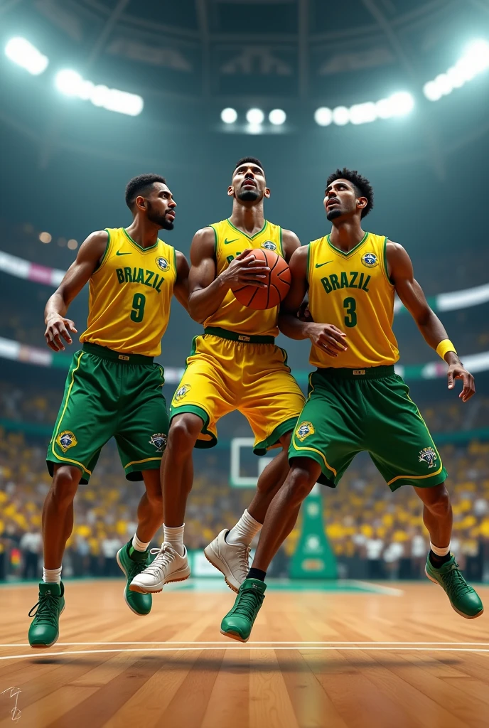 3 basketball players from the Brazukastars team, wearing the Brazil uniform