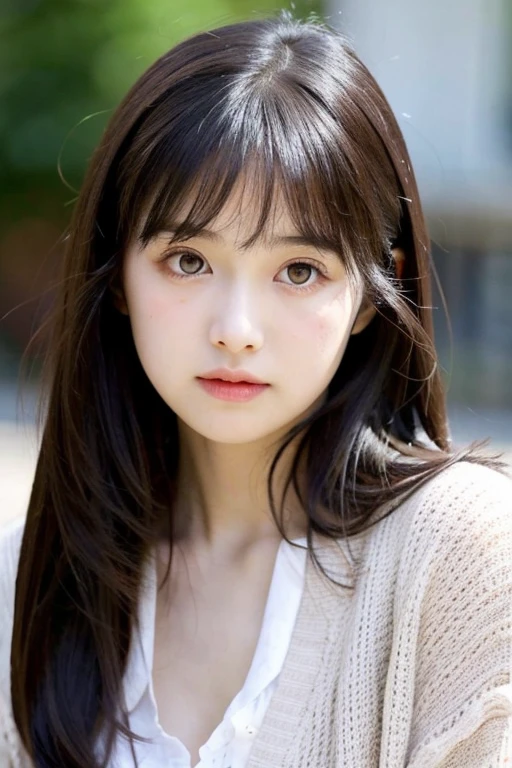 Pretty girl, look innocent and beautiful, sad face, big brown eyes, pale white skin, very long black hair, thin bang, wearing black cardigan