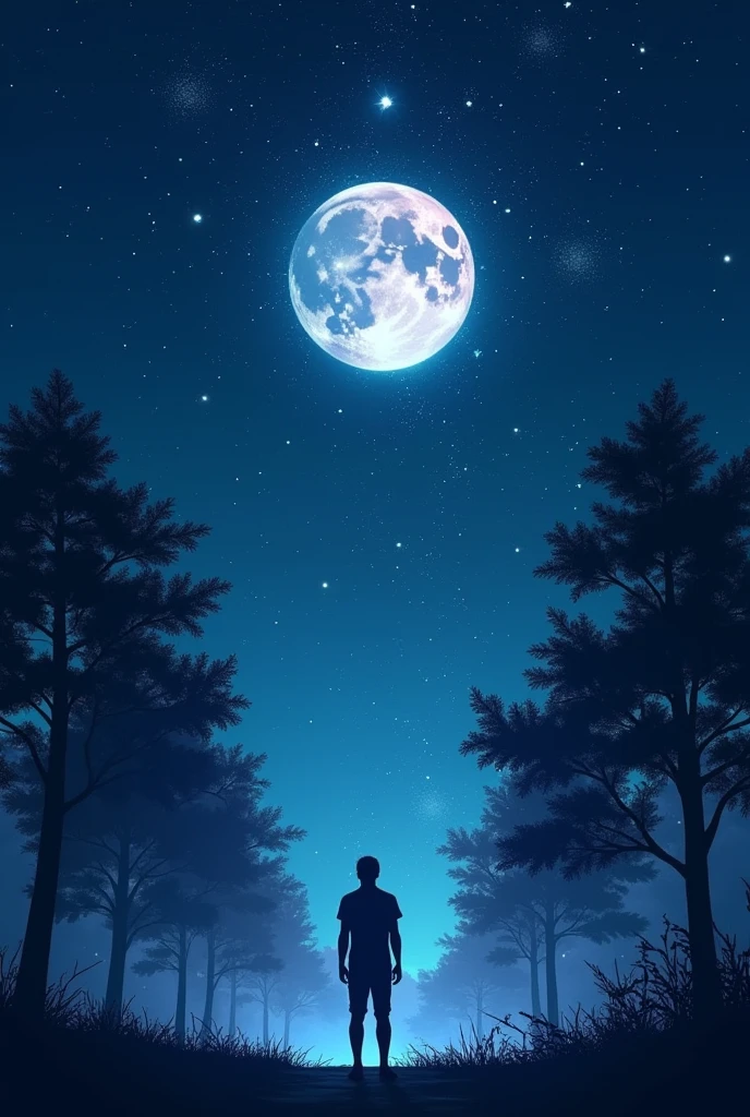 Dark night sky with bright moon and stars under which a men standing facing upward. Bright glittering effects in the men, trees and sky.