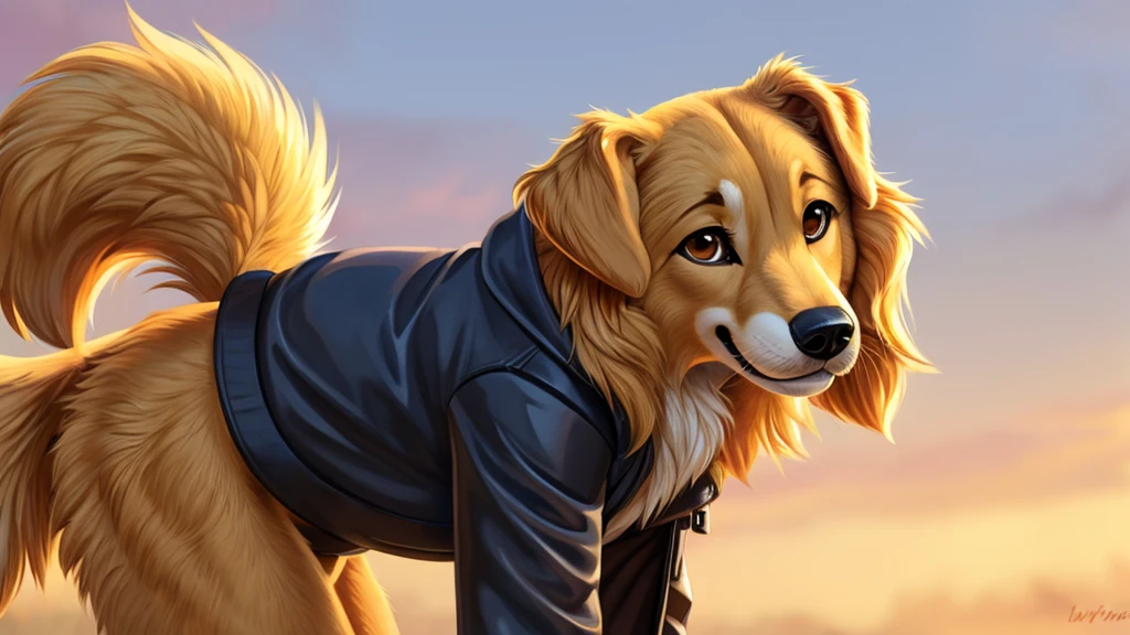 golden retriever, friendly, golden-haired dog with soulful brown eyes and a wagging tail. She has a shiny, sleek coat and a gentle demeanor.