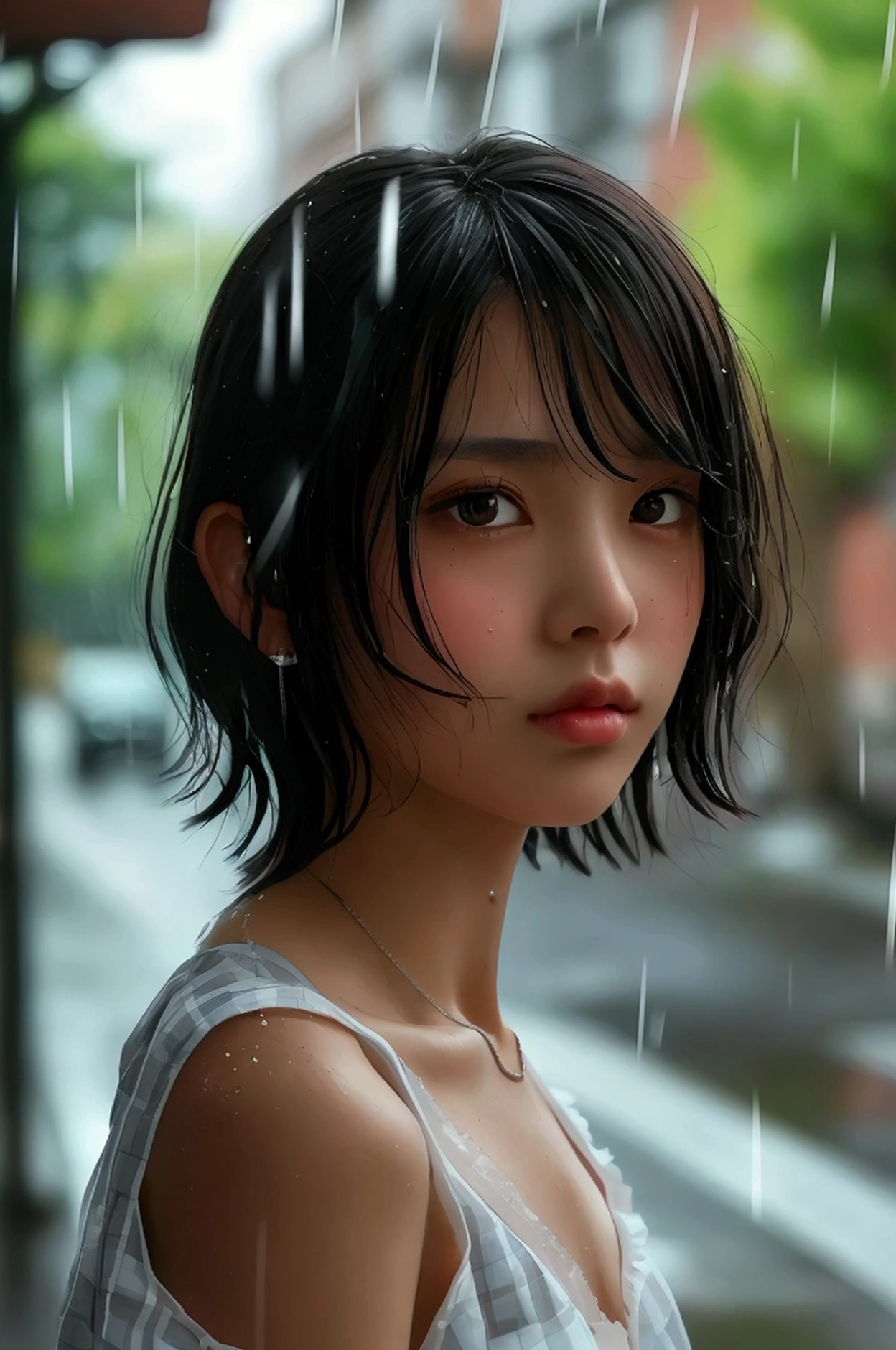 (8k, Photorealistic, Raw photo, Highest quality: 1.4),Japanese idol-style beautiful girl,1 person,************,(Short Bob),(Black),She has her hair tucked behind her ears,Clear grey eyes,Eyes moist,Long eyelashes,(piercings(small)),(Lip gloss),lips(Plump,glossy),Skin that is as white and smooth as translucent porcelain,Thin and delicate shoulders,thin abdomen,(blouse(White,Short sleeve)),(Pleated skirt(Plaid)),(loafers),summer,On the way home from school,Sudden squall,Soaked from head to toe,My shirt is wet and transparent,On the way home from school,Eaves,Looking out at the rainy street,(A full-body snapshot taken from across the street.: 1.2)