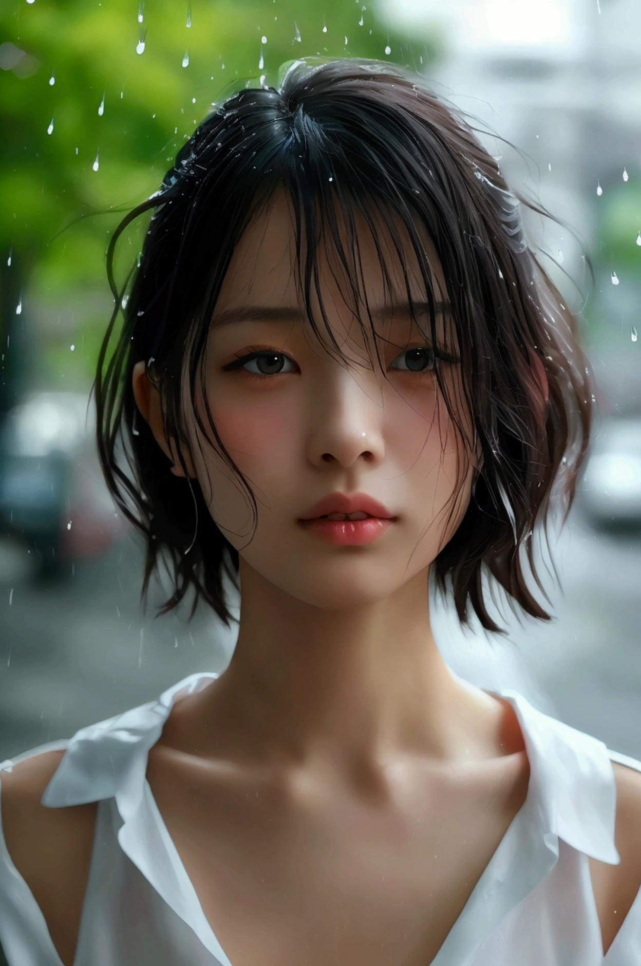 Best picture quality, masterpiece, ultra high resolution, (fidelity :1.4), photo, 1 girl,[(sadness)],white shirt, Dim, dark, desperate, pitying, pitiful, cinematic,tear,teardrop,(Torn clothes:1.5), (Wet clothes:1.4), bare shoulders,Real rain,wet hair,..