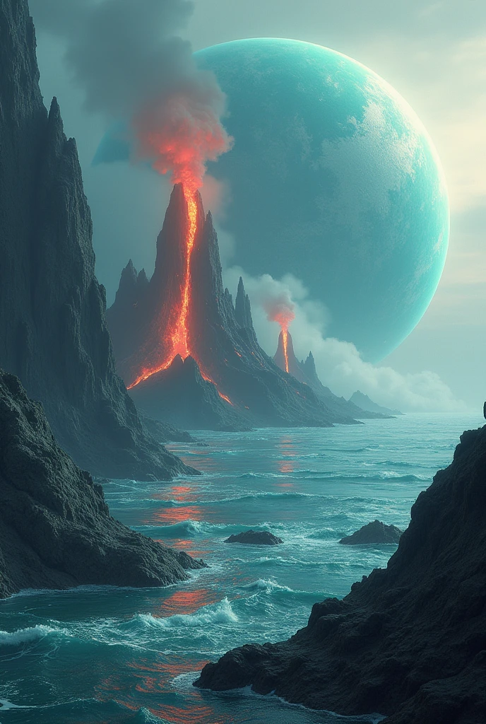 
"Create an image of of  a new drawing with sorround tge surface a water with volcanoes sides of the planet . The planet features are oceans cover much of the surface with volcanic eruptions"

the view must be out side of the planet and the baclhround is just atmosphere make it unique other than any planet in solar system. you can make the colors, shape and characteristics unique. make it unrealistic 