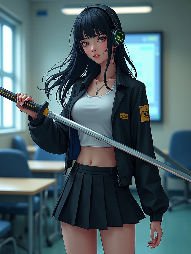 1woman,matured,perfect body,tall ,drawing a katana stance,stoic ,calm,cyber punk,school dress,skirt,high tech head phones,anime school scene,blunt bang hair,super long black hair,high tech cyber punk outfit,close up shot,