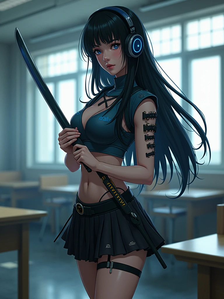 1woman,matured,perfect body,tall ,drawing a katana stance,stoic ,calm,cyber punk,school dress,skirt,high tech head phones,anime school scene,blunt bang hair,super long black hair,high tech cyber punk outfit,close up shot,