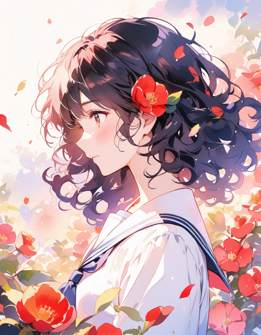Sailor Suit、curly hair、long black hair、Sailor Suit、perfil、senora、flowers garden、Icon、soft lighting、close do rosto、photographic studio、hair on the wind、petal、curly hair、watercolor style、lots of flowers in the background、perfil、Red camellia flowers all over the background、neve