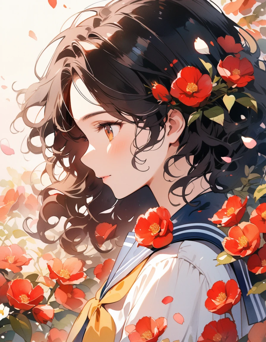 Sailor Suit、curly hair、long black hair、Sailor Suit、perfil、senora、flowers garden、Icon、soft lighting、close do rosto、photographic studio、hair on the wind、petal、curly hair、watercolor style、lots of flowers in the background、perfil、Red camellia flowers all over the background、neve