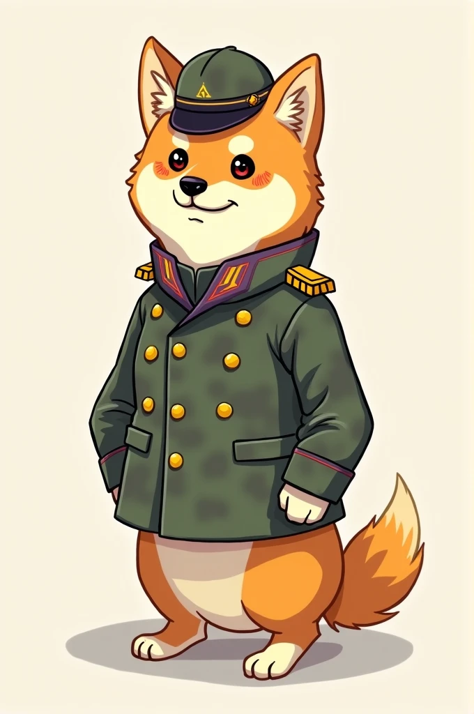 Yellow shiba inu dog in green and purple military uniform