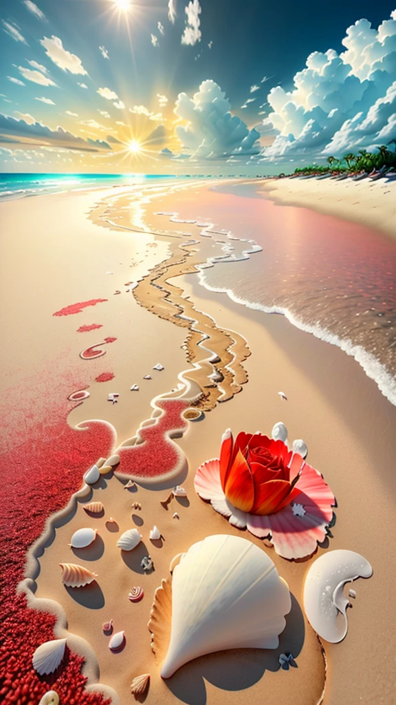 Exquisite scenes,Depth of Field, 8K, The ivory sky,White Cloud,Sunlight shining on the white sand beach. The coral sea,There are also many colorful tin shells on the beach,Red rose, roses focus,