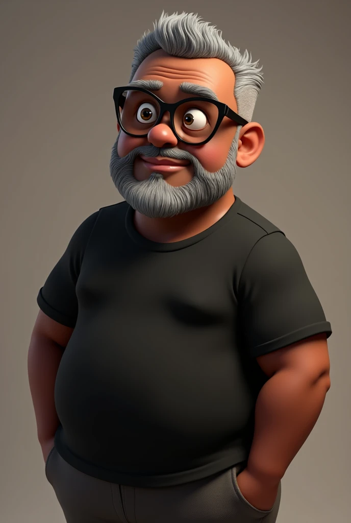 Cartoon character of a middle-aged black man with very short hair, wearing black glasses. Stylized character, animation-style rendering, 3D stylized rendering, Arnold Maya render, 3D stylized render, toon Keyshot render, 3D character, 3D stylized rendering, cartoon character, character close-up, character pose, Pixar style, high quality, cinematic lighting, sharp focus, detailed texture, detailed skin, clay, bokeh, 8K. The man should have the following characteristics: A middle-aged man with a broad build and overweight, casually relaxed hands. His skin tone is dark brown with a warm undertone. He has only two prominent vertical wrinkles between his eyebrows. His beard is very short, trimmed, and sparse, with more white hairs on the chin and the rest being dark gray. His hair is gray, extremely short on top, styled to the right side, and shaved on the sides. He wears modern black glasses. His eyebrows are thick and well-defined, and his eyes are very dark brown, conveying warmth and friendliness. The man is dressed in an oversized black t-shirt and dark gray pants without a belt. Incorporate the following ancestry characteristics: 43% European (17% Iberian and 17% Western European, including Germany, France, and the Netherlands), 4% Sephardic Jewish, 3% Fennoscandian, less than 2% Balkan and Lapland and Volga-Ural, 41% from the Americas, 9% from the Middle East and Maghreb, and 7% from Africa.