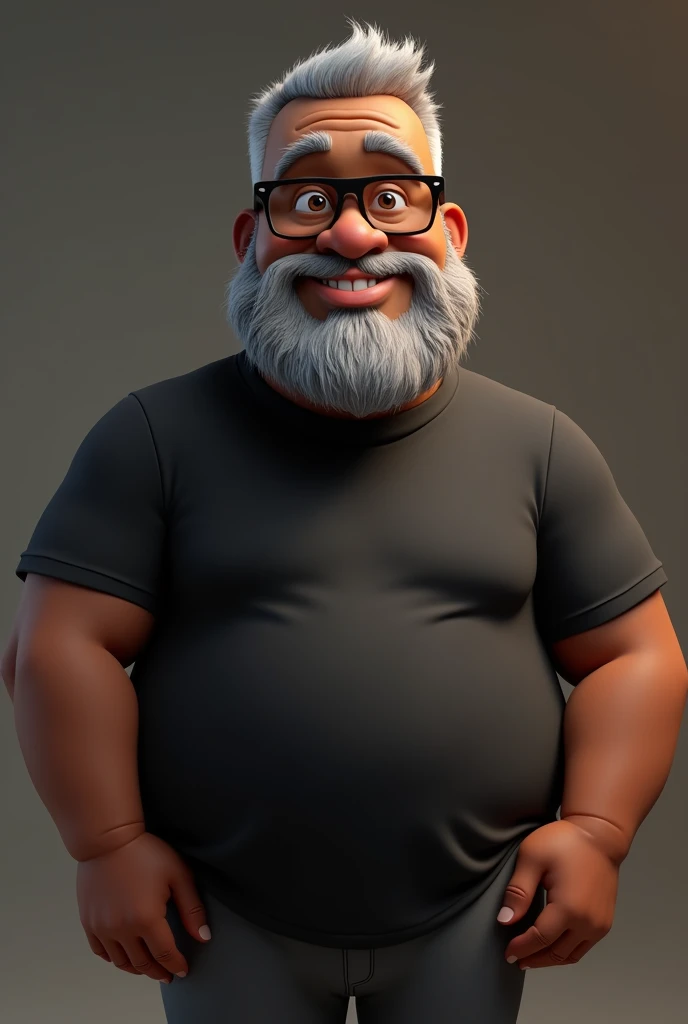 Cartoon character of a middle-aged black man with very short hair, wearing black glasses. Stylized character, animation-style rendering, 3D stylized rendering, Arnold Maya render, 3D stylized render, toon Keyshot render, 3D character, 3D stylized rendering, cartoon character, character close-up, character pose, Pixar style, high quality, cinematic lighting, sharp focus, detailed texture, detailed skin, clay, bokeh, 8K. The man should have the following characteristics: A middle-aged man with a broad build and overweight, casually relaxed hands. His skin tone is dark brown with a warm undertone. He has only two prominent vertical wrinkles between his eyebrows. His beard is very short, trimmed, and sparse, with more white hairs on the chin and the rest being dark gray. His hair is gray, extremely short on top, styled to the right side, and shaved on the sides. He wears modern black glasses. His eyebrows are thick and well-defined, and his eyes are very dark brown, conveying warmth and friendliness. The man is dressed in an oversized black t-shirt and dark gray pants without a belt. Incorporate the following ancestry characteristics: 43% European (17% Iberian and 17% Western European, including Germany, France, and the Netherlands), 4% Sephardic Jewish, 3% Fennoscandian, less than 2% Balkan and Lapland and Volga-Ural, 41% from the Americas, 9% from the Middle East and Maghreb, and 7% from Africa.