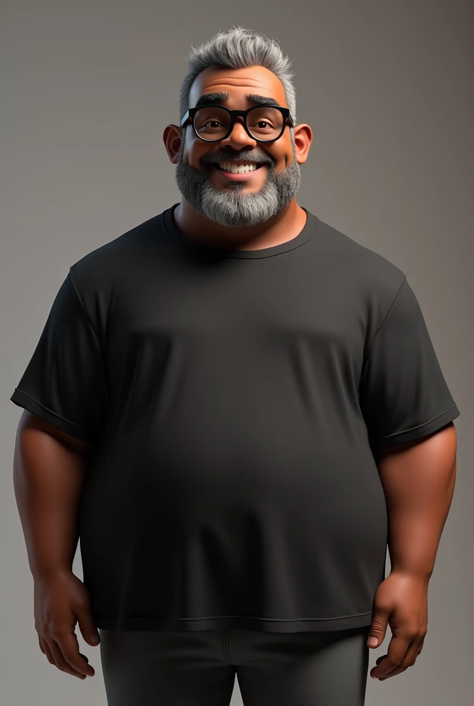 Cartoon character of a middle-aged black man with very short hair, wearing black glasses. Stylized character, animation-style rendering, 3D stylized rendering, Arnold Maya render, 3D stylized render, toon Keyshot render, 3D character, 3D stylized rendering, cartoon character, character close-up, character pose, Pixar style, high quality, cinematic lighting, sharp focus, detailed texture, detailed skin, clay, bokeh, 8K. The man should have the following characteristics: A middle-aged man with a broad build and overweight, casually relaxed hands. His skin tone is dark brown with a warm undertone. He has only two prominent vertical wrinkles between his eyebrows. His beard is very short, trimmed, and sparse, with more white hairs on the chin and the rest being dark gray. His hair is gray, extremely short on top, styled to the right side, and shaved on the sides. He wears modern black glasses. His eyebrows are thick and well-defined, and his eyes are very dark brown, conveying warmth and friendliness. The man is dressed in an oversized black t-shirt and dark gray pants without a belt. Incorporate the following ancestry characteristics: 43% European (17% Iberian and 17% Western European, including Germany, France, and the Netherlands), 4% Sephardic Jewish, 3% Fennoscandian, less than 2% Balkan and Lapland and Volga-Ural, 41% from the Americas, 9% from the Middle East and Maghreb, and 7% from Africa.