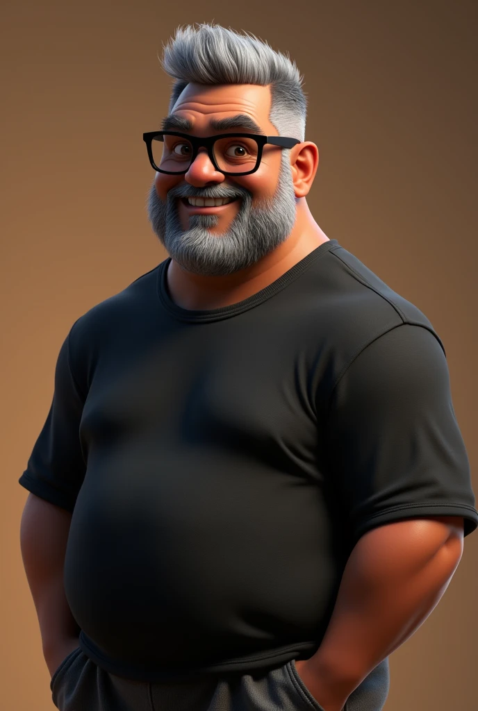 Cartoon character of a middle-aged black man with very short hair, wearing black glasses. Stylized character, animation-style rendering, 3D stylized rendering, Arnold Maya render, 3D stylized render, toon Keyshot render, 3D character, 3D stylized rendering, cartoon character, character close-up, character pose, Pixar style, high quality, cinematic lighting, sharp focus, detailed texture, detailed skin, clay, bokeh, 8K. The man should have the following characteristics: A middle-aged man with a broad build and overweight, casually relaxed hands. His skin tone is dark brown with a warm undertone. He has only two prominent vertical wrinkles between his eyebrows. His beard is very short, trimmed, and sparse, with more white hairs on the chin and the rest being dark gray. His hair is gray, extremely short on top, styled to the right side, and shaved on the sides. He wears modern black glasses. His eyebrows are thick and well-defined, and his eyes are very dark brown, conveying warmth and friendliness. The man is dressed in an oversized black t-shirt and dark gray pants without a belt. Incorporate the following ancestry characteristics: 43% European (17% Iberian and 17% Western European, including Germany, France, and the Netherlands), 4% Sephardic Jewish, 3% Fennoscandian, less than 2% Balkan and Lapland and Volga-Ural, 41% from the Americas, 9% from the Middle East and Maghreb, and 7% from Africa.