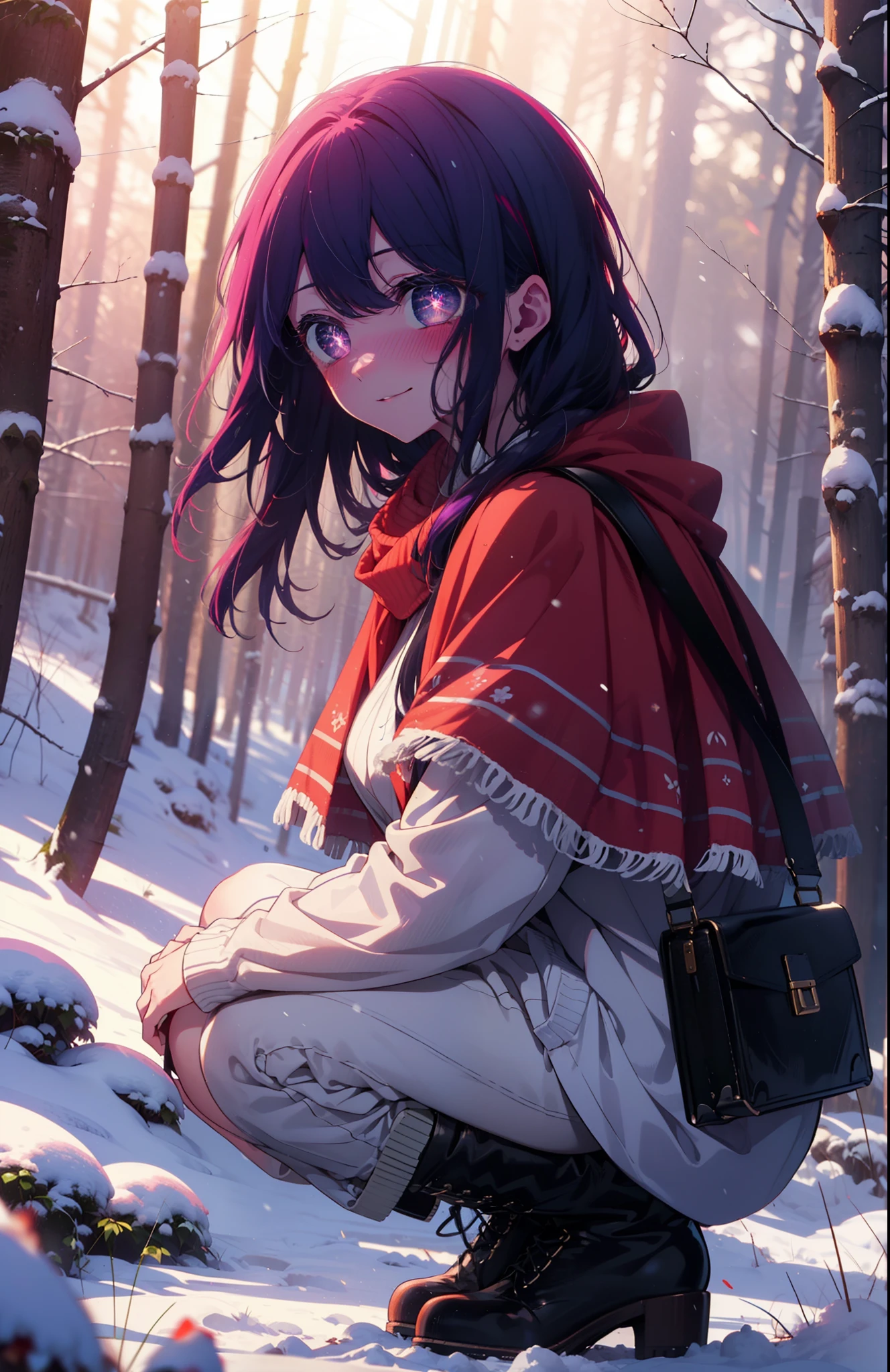 aihoshino, Ai Hoshino, Long Hair, bangs, (Purple eyes:1.1), Purple Hair, (Symbol-shaped pupil:1.5), smile,,smile,blush,white breath,
Open your mouth,snow,Ground bonfire, Outdoor, boots, snowing, From the side, wood, suitcase, Cape, Blurred, , forest, White handbag, nature, Squat, Mouth closed, Cape, winter, Written boundary depth, Black shoes, red Cape break looking at viewer, Upper Body, whole body, break Outdoor, forest, nature, break (masterpiece:1.2), Highest quality, High resolution, unity 8k wallpaper, (shape:0.8), (Beautiful and beautiful eyes:1.6), Highly detailed face, Perfect lighting, Highly detailed CG, (Perfect hands, Perfect ???????),