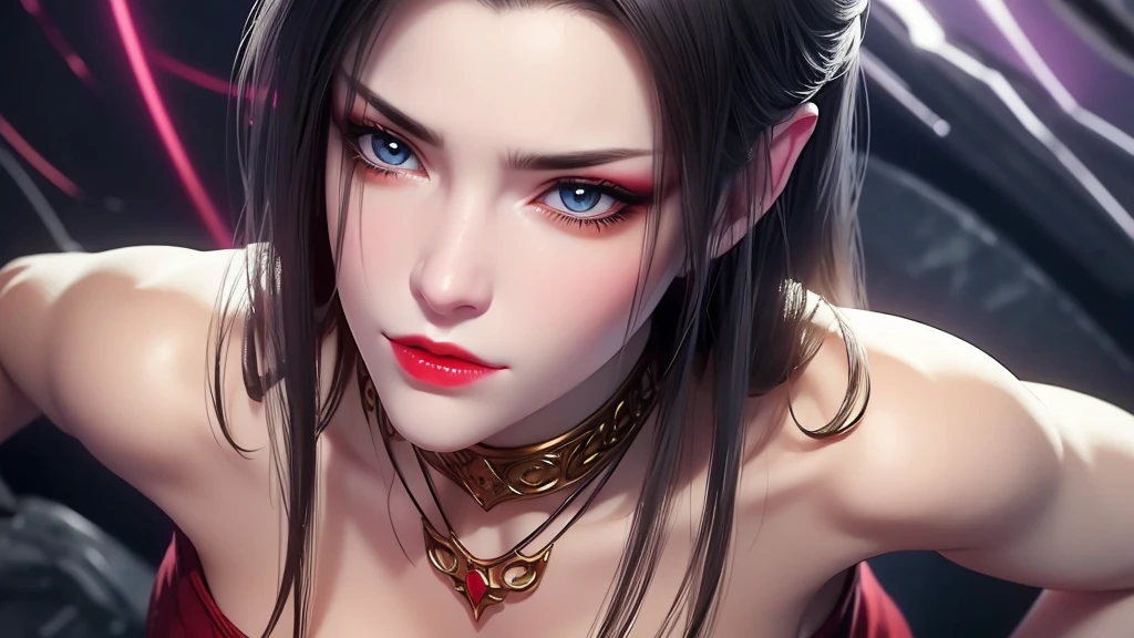 (lifelike, high - resolution:1.3), 1 girl with a perfect body, Super fine face and eyes,slong hair, big boob,Expose cleavage5, lightning, hyper-realistic graphics, most realistic graphics, 1 girl, alone, solo, Extremely sharp, surreal image, sharp eye makeup, meticulous makeup eyelashes, pretty red lips, pursed lips, full body.