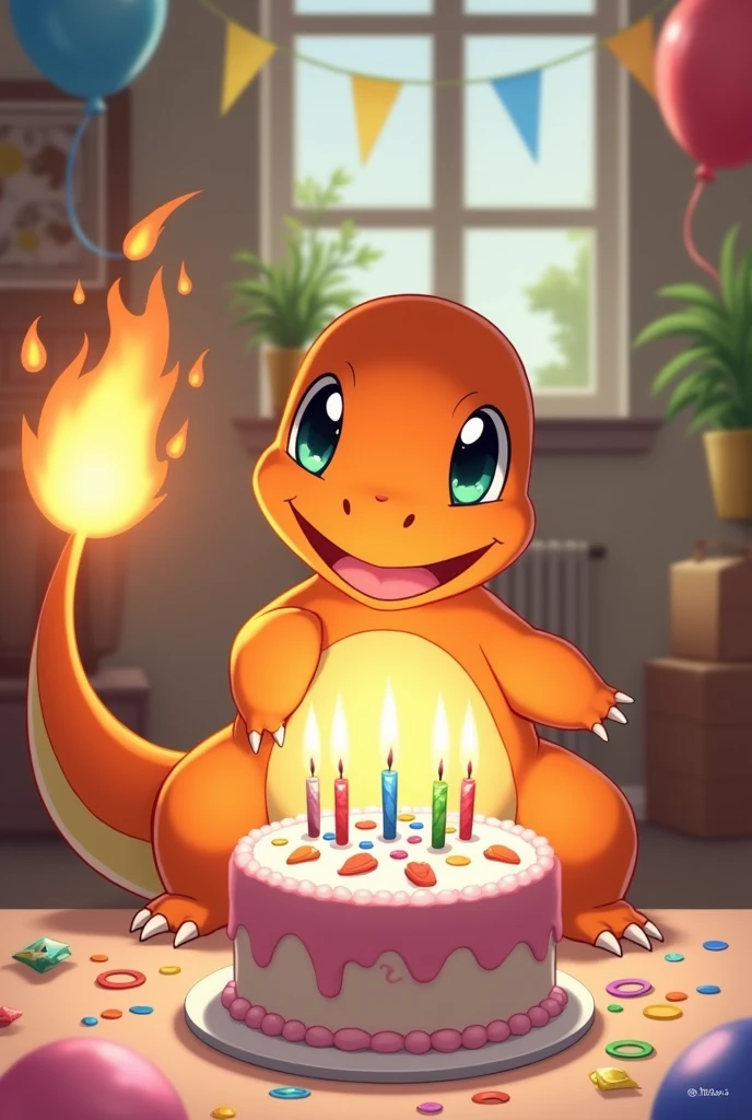 Pokémon Salamèche qui souffle ses bougies d'anniversaire 