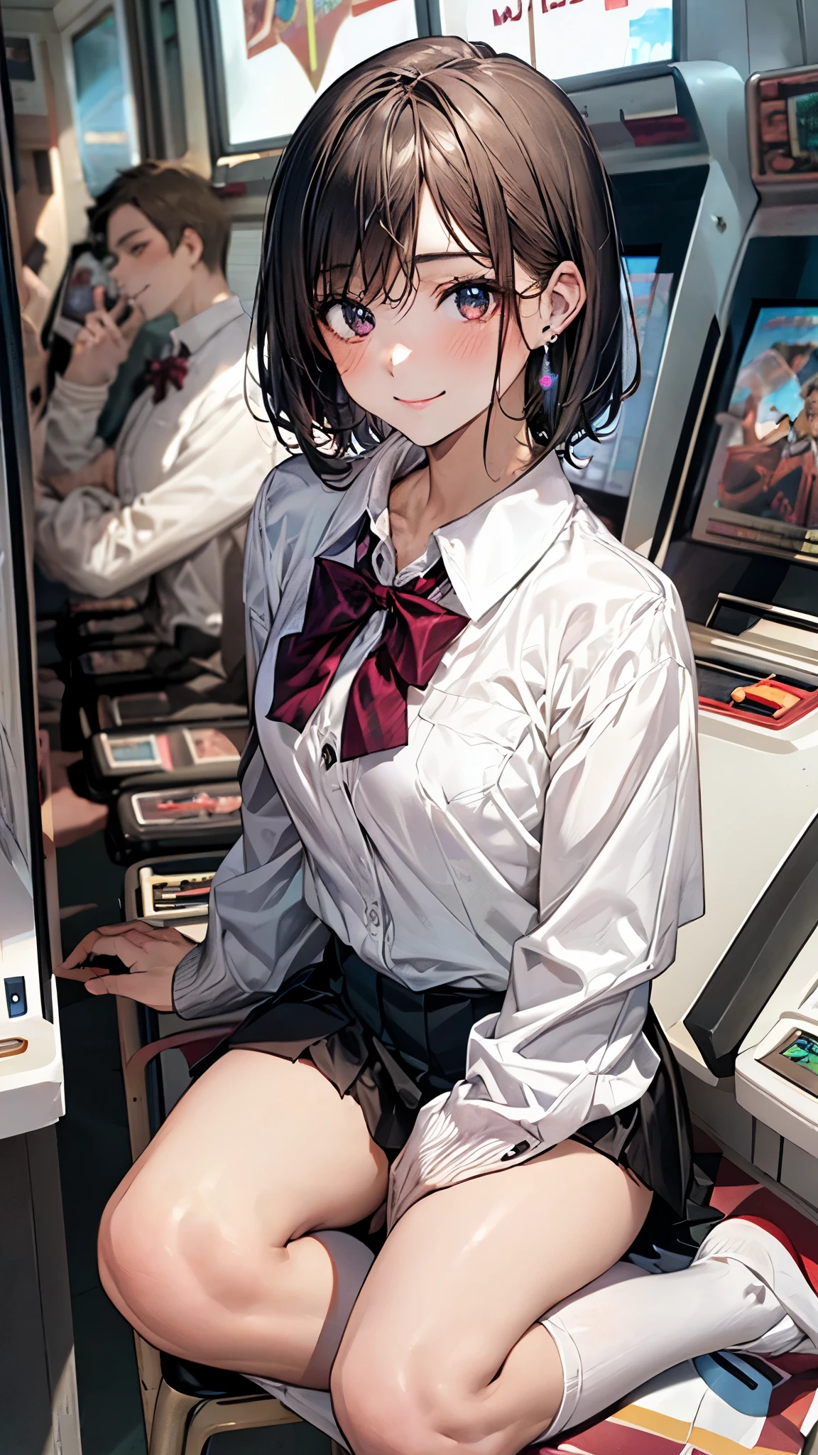 (masterpiece:1.2, highest quality), (realistic photo:1.4), beautiful illustrations, (natural side lighting, movie lighting),
beautiful hair, beautiful face, detailed and beautiful eyes, beautiful clavicle, beautiful body, beautiful breasts, beautiful thighs, beautiful feet, beautiful fingers, slender,
looking at the viewer, 1 girl, high school girl, (perfect anatomy, anatomically correct, super detailed skin), cute symmetrical face, , perfect face, perfect eyes, shiny skin,
(short hair, pixie cut hairstyle, blonde hair), swept bangs, gold eye (medium breasts, seductive thighs), earrings, break
(white collared shirt, long sleeve pink knit cardigan, black pleated mini skirt, break dark red bow tie), break navy school bag, break white socks,
(beautiful scenery), evening, (sitting chair, game_center, scenery, arcade cabinet, chair, poster (object), indoors, ), (pigeon toed), (lovely smile, upper eye),