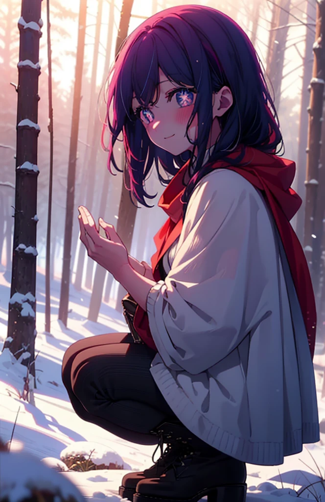 aihoshino, Ai Hoshino, Long Hair, bangs, (Purple eyes:1.1), Purple Hair, (Symbol-shaped pupil:1.5), smile,,smile,blush,white breath,
Open your mouth,snow,Ground bonfire, Outdoor, boots, snowing, From the side, wood, suitcase, Cape, Blurred, , forest, White handbag, nature, Squat, Mouth closed, Cape, winter, Written boundary depth, Black shoes, red Cape break looking at viewer, Upper Body, whole body, break Outdoor, forest, nature, break (masterpiece:1.2), Highest quality, High resolution, unity 8k wallpaper, (shape:0.8), (Beautiful and beautiful eyes:1.6), Highly detailed face, Perfect lighting, Highly detailed CG, (Perfect hands, Perfect Anatomy),