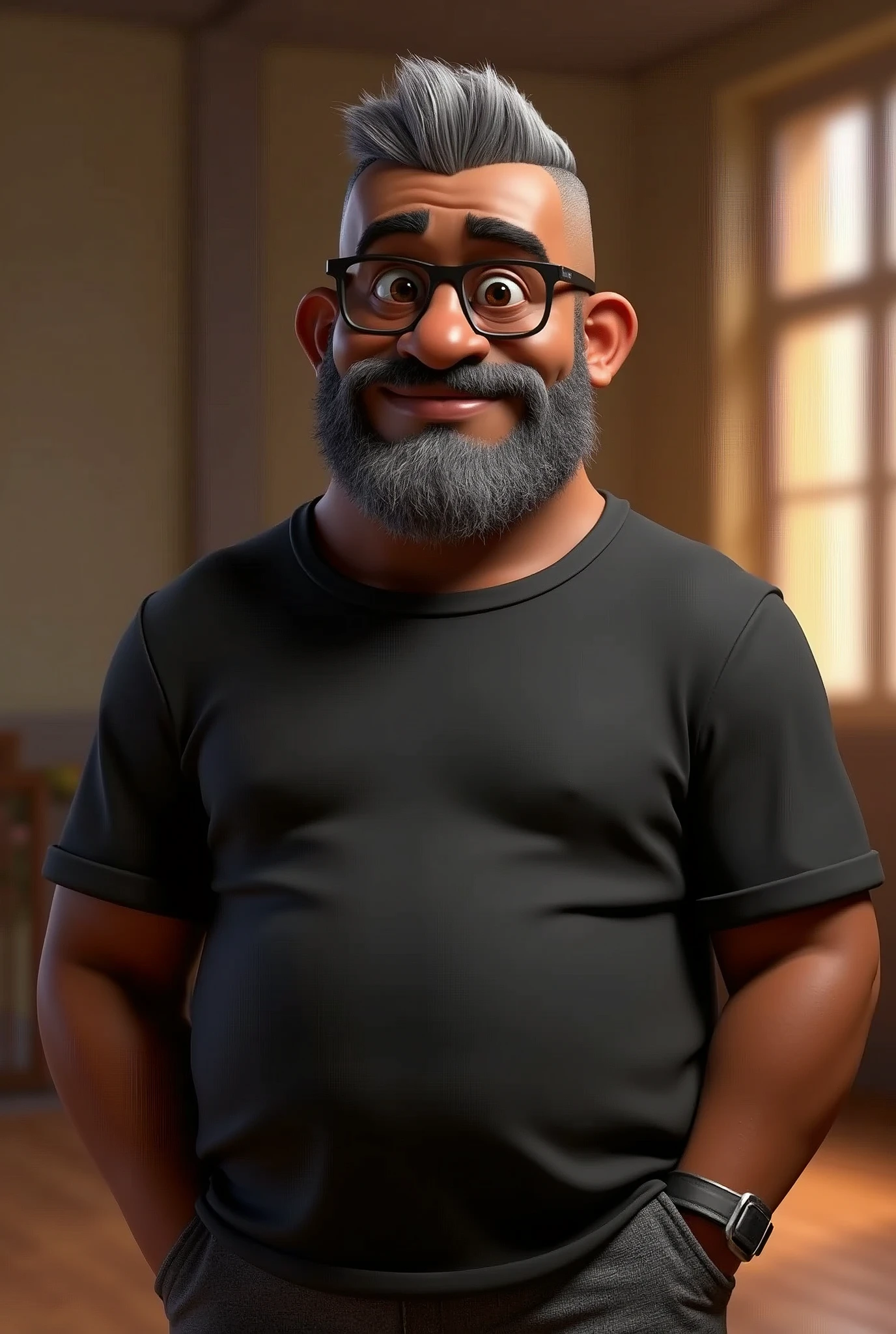 artoon character of a middle-aged black man with very short hair, wearing black glasses. Stylized character, animation-style rendering, 3D stylized rendering, Arnold Maya render, 3D stylized render, toon Keyshot render, 3D character, 3D stylized rendering, cartoon character, character close-up, character pose, Pixar style, high quality, cinematic lighting, sharp focus, detailed texture, detailed skin, clay, bokeh, 8K. The man should have the following characteristics: A middle-aged man with a broad build and overweight, casually relaxed hands. His skin tone is dark brown with a warm undertone. He has only two prominent vertical wrinkles between his eyebrows. His beard is very short, trimmed, and sparse, with more white hairs on the chin and the rest being dark gray. His hair is gray, extremely short on top, styled to the right side, and shaved on the sides. He wears modern black glasses. His eyebrows are thick and well-defined, and his eyes are very dark brown, conveying warmth and friendliness. The man is dressed in an oversized black t-shirt and dark gray pants without a belt. Incorporate the following ancestry characteristics: 43% European (17% Iberian and 17% Western European, including Germany, France, and the Netherlands), 4% Sephardic Jewish, 3% Fennoscandian, less than 2% Balkan and Lapland and Volga-Ural, 41% from the Americas, 9% from the Middle East and Maghreb, and 7% from Africa.