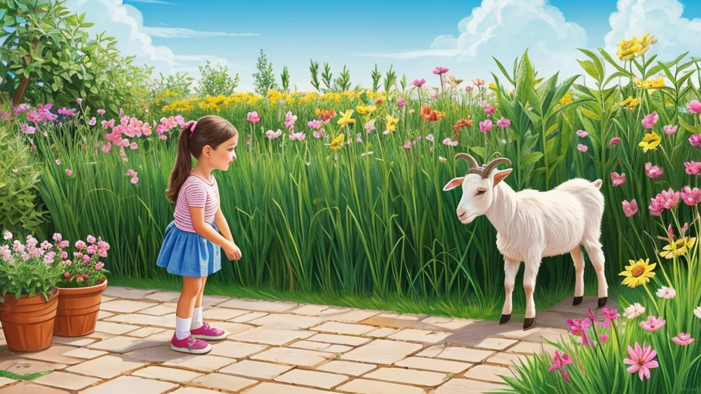 The girl is looking for the kid goat.,hide and seek,cute,pop,Illustration, garden,