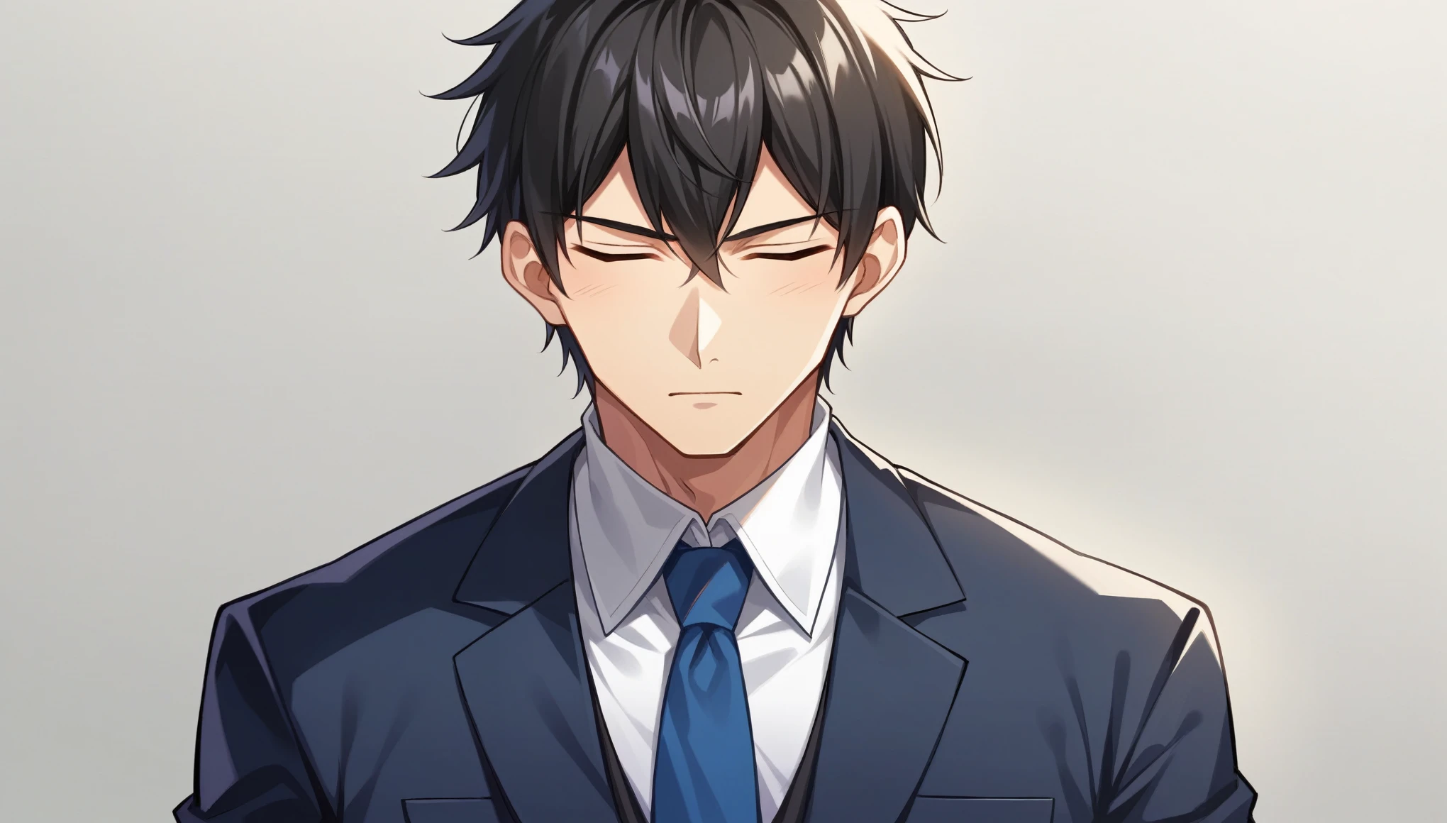 (masterpiece:1.3), (best quality:1.3), (very detailed), (anime style:0.1), game cg, anime coloring, ((simple background)), facing viewer, upper body, ((独奏)), high detail hands, Refreshing Men, (long shot, japanese, makes an aesthetic, Master piece, Best Quality, ultra detailed, Illustration, a handsome man, Short Hair, beautiful black hair, looking at viewer, standard body, Business Suit, Blue tie), 1boy, 独奏, super fine illustration, an extremely delicate and beautiful, best quality, man in his thirties, black short hair, black eyes, arms crossed, eyes closed, diagonal view.