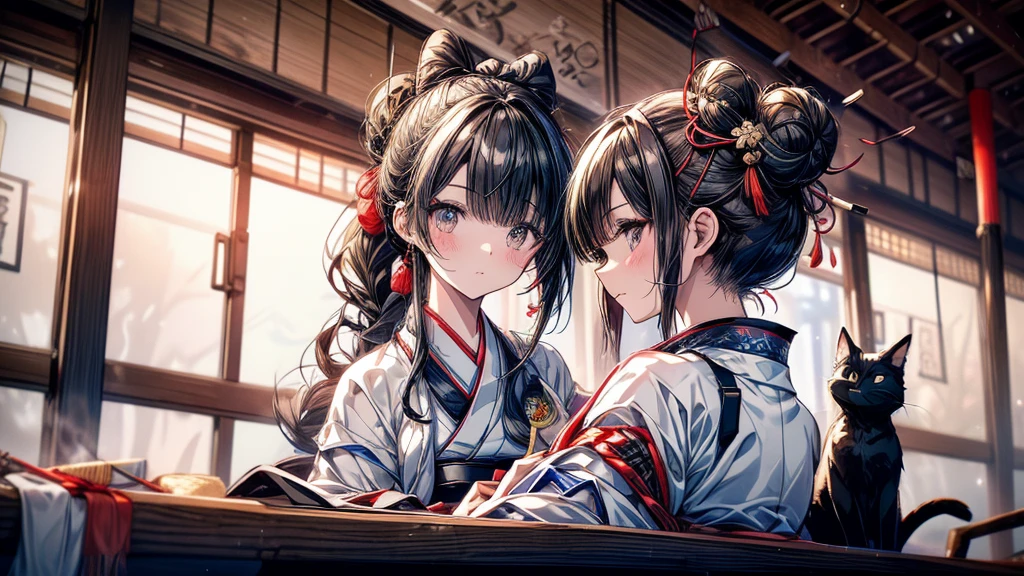 A girl in a kyudo gi (Japanese archery uniform) is drawing a bow at the kyudojo.
She has her black hair tied up in a bun. She is a Japanese beauty.
A black cat is sleeping as if watching over the girl.