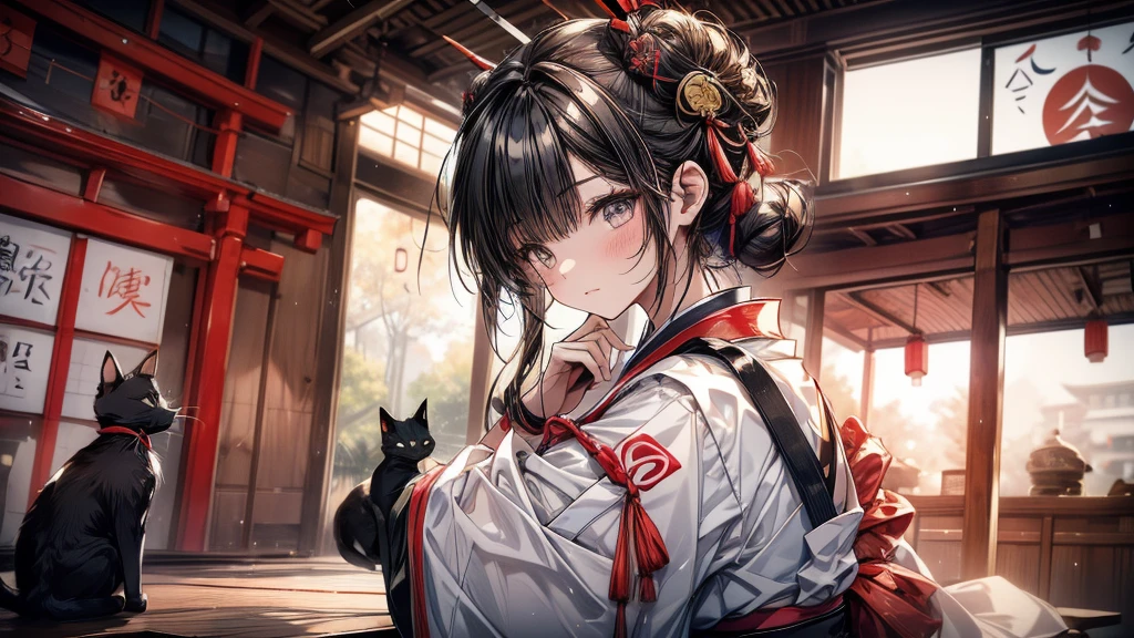 A girl in a kyudo gi (Japanese archery uniform) is drawing a bow at the kyudojo.
She has her black hair tied up in a bun. She is a Japanese beauty.
A black cat is sleeping as if watching over the girl.