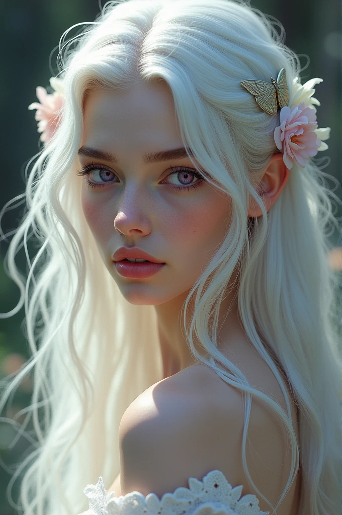 Create a beautiful model, long white hair, purple eyes, age 20 years, French or European nationality.