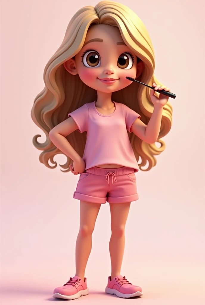 cartoon girl, fully body, using mascara, with medium blonde hair and brown eyes, cartoon art style, full body character portrait, photorealistic art style, 3d stylized, realistic art style, Stylized 3D rendering, Character wearing pink tones clothes, cartoon style illustration, artgerm ; motor 3d irreal, realistic 3 d style, Arte Disney, stylized portrait