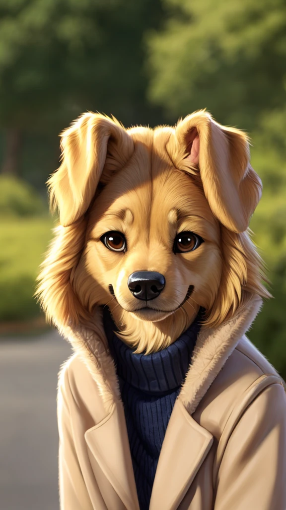 golden retriever, friendly, golden-haired dog with soulful brown eyes and a wagging tail. She has a shiny, sleek coat and a gentle demeanor.