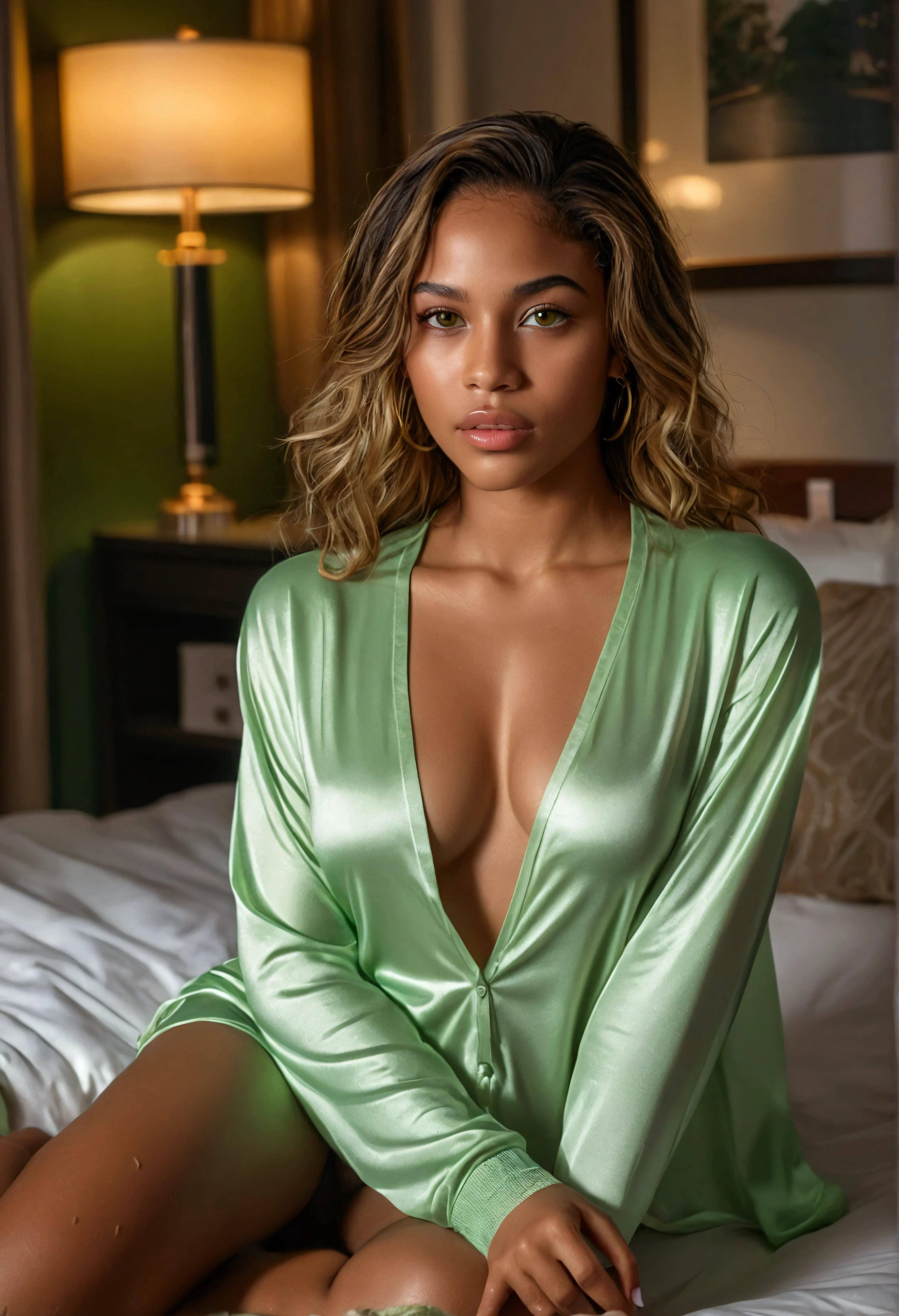 Young brown skin Brazilian female perfection, 25 ans, full glossy lips, straight brown hair with blonde highlights, natural green eyes, hyper realistic, raw photography, canon eos r5, background is a cozy modern mansion decor, dim lit, indoors, large bed, panoramic  window view of rain, large tv, full body, sitting on bed, golden lighting