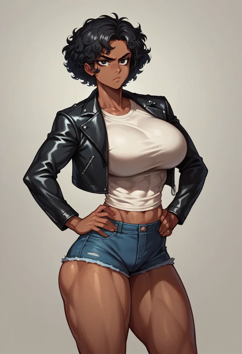 Masterpiece, 1 girl, black skin, muscular, black hair, short hair, curly hair, wide hips, black eyes, big breasts, round ass, leather jacket, short pants, slutty, serious, hands on hips, muscle mommy