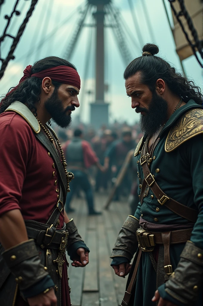 (Detailed and accurate rock-paper-scissors game), Two pirates in a fierce duel on the deck of a pirate ship, Intense staring contest, Two muscular pirates, One captain, Serious hand-to-hand combat, Crew fighting in the background, Dramatic lighting, Structure of the film, Absurdly surreal, ARW