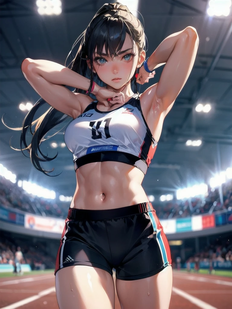 masterpiece, (textured skin), best quality, gorgeous beautiful girl, (a female cycling athlete), detailed clothes,large breasts,narrow waist,, (beautiful face), cinematic lighting, (at cycling venue ),
