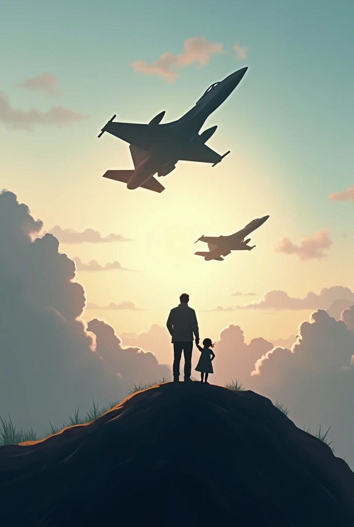A couple of fighter planes flying over the silhouette of a Vietnamese father and daughter。They stand on top of a mountain with the wind blowing the daughter's hair and the father's jacket.。, Concept Art Wallpaper 4K, Sci-Fi Fantasy Wallpapers, Sci-Fi Art, 詳細なSci-Fi Art, 美しいSci-Fi Art, Spaceship in a cloudy sky, Concept Art Artwork Masterpiece, Concept art 4k, Concept art 4k, Sci-fi concept art, 神秘的なSci-fi concept art