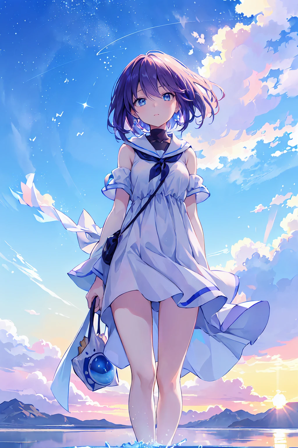 ((Uyuni Salt Flat、四方八方に広がる青い空とsummerの雲を反映しています. A girl walks in the middle of it, Surrounded by the blue of the sky and the white of the clouds, Create stunningly beautiful scenes.)), he (sunset:1.3),((Anime girl walking on water)), (((It's so big you can see the view)),(Perfect Anatomy:1.2),((Perfect hands:1.2)), (Highest quality:1.1), ((One girl)), From above、Dutch Angle、Very wide shot、(((Toru Asakura:1.37, alone))), (((barefoot))), ))), (((Snow-white summer dresses))), (((Shortcuts))), (((Blue Hair、Earrings、Gradient Hair、Multi-colored hair、Parted bangs、Purple Hair、A white summer dress with lots of embroidered lace, No sleeve))), (Beautiful Face, Cute Face, Detailed face), (((Beautiful green eyes with beautiful details))),NFSW,((masterpiece)), Highest quality, Anime Art Wallpaper 8K, ripple, Dawn Background, ((Awareness-raising, Concept Art, And soul, Key Visual)),Sparkling Eyes, Happy, Reaching out ,forward hand,Floating Hair, Shiny Hair,Outdoor, Wind,Sparkling Eyes, Sexy Body, NFSW,((masterpiece)), Highest quality, Anime Art Wallpaper 8K,summer、新海誠のConcept Art、tumbler、magical realism、Beautiful Animeシーン、Beautiful sky。By Shinkai Makoto、((By Shinkai Makoto))、Anime Background Art、Anime Background、Makoto Shinkai's Style、Anime movie background、Galaxy Express、(((Vast views))),Very detailed CG 統合 8k 壁紙, 非常に素晴らしい8kCG壁紙, Anime Moe Art Style, Cute girl anime visuals, アニメWindのポートレート, アニメWindに, Beautiful Anime, 8kアニメアートスタイル, アニメWind、詳細な描画による8kアニメーション, (masterpiece, Highest quality), High resolution, Very detailed, Ultra Sharp, Cinema Lighting, High resolution, 超High resolution, 8k、Glowing Eyes, Auspicious々lips, blue sky、Transparency、Spread your arms, Are standing , Raise one leg, Rear view, View your viewers
