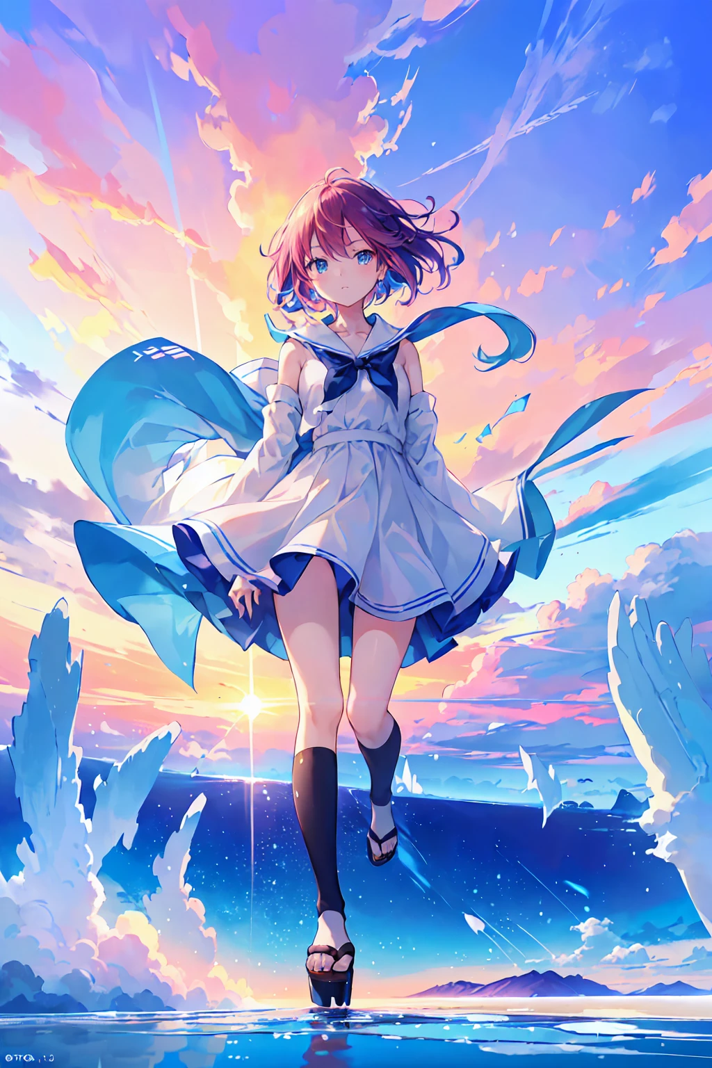 ((Uyuni Salt Flat、四方八方に広がる青い空とsummerの雲を反映しています. A girl walks in the middle of it, Surrounded by the blue of the sky and the white of the clouds, Create stunningly beautiful scenes.)), he (sunset:1.3),((Anime girl walking on water)), (((It&#39;s so big you can see the view)),(Perfect Anatomy:1.2),((Perfect hands:1.2)), (Highest quality:1.1), ((One girl)), From above、Dutch Angle、Very wide shot、(((Toru Asakura:1.37, alone))), (((barefoot))), ))), (((Snow-white summer dresses))),　(((Shortcuts))),　(((Blue Hair、Earrings、Gradient Hair、Multi-colored hair、Parted bangs、Purple Hair、A white summer dress with lots of embroidered lace, No sleeve))), (Beautiful Face, Cute Face, Detailed face), (((Beautiful green eyes with beautiful details))),NFSW,((masterpiece)), Highest quality, Anime Art Wallpaper 8K, ripple, Dawn Background, ((Awareness-raising, Concept Art, And soul, Key Visual)),Sparkling Eyes, Happy, Reaching out ,forward hand,Floating Hair, Shiny Hair,Outdoor, Wind,Sparkling Eyes, Sexy Body, NFSW,((masterpiece)), Highest quality, Anime Art Wallpaper 8K,summer、新海誠のConcept Art、tumbler、magical realism、Beautiful Animeシーン、Beautiful sky。By Shinkai Makoto、((By Shinkai Makoto))、Anime Background Art、Anime Background、Makoto Shinkai&#39;s Style、Anime movie background、Galaxy Express、(((Vast views))),Very detailed CG 統合 8k 壁紙, 非常に素晴らしい8kCG壁紙, Anime Moe Art Style, Cute girl anime visuals, アニメWindのポートレート, アニメWindに, Beautiful Anime, 8kアニメアートスタイル, アニメWind、詳細な描画による8kアニメーション, (masterpiece, Highest quality), High resolution, Very detailed, Ultra Sharp, Cinema Lighting, High resolution, 超High resolution,　8k、Glowing Eyes,　Auspicious々lips, blue sky、Transparency、Spread your arms, Are standing , Raise one leg, Rear view, View your viewers