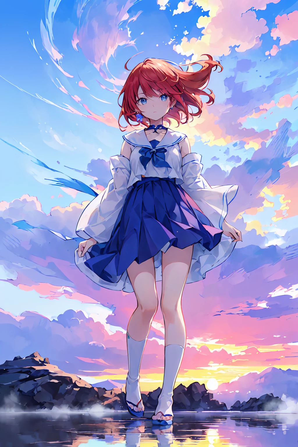 ((Uyuni Salt Flat、四方八方に広がる青い空とsummerの雲を反映しています. A girl walks in the middle of it, Surrounded by the blue of the sky and the white of the clouds, Create stunningly beautiful scenes.)), he (sunset:1.3),((Anime girl walking on water)), (((It's so big you can see the view)),(Perfect Anatomy:1.2),((Perfect hands:1.2)), (Highest quality:1.1), ((One girl)), From above、Dutch Angle、Very wide shot、(((Toru Asakura:1.37, alone))), (((barefoot))), ))), (((Snow-white summer dresses))), (((Shortcuts))), (((Blue Hair、Earrings、Gradient Hair、Multi-colored hair、Parted bangs、Purple Hair、A white summer dress with lots of embroidered lace, No sleeve))), (Beautiful Face, Cute Face, Detailed face), (((Beautiful green eyes with beautiful details))),NFSW,((masterpiece)), Highest quality, Anime Art Wallpaper 8K, ripple, Dawn Background, ((Awareness-raising, Concept Art, And soul, Key Visual)),Sparkling Eyes, Happy, Reaching out ,forward hand,Floating Hair, Shiny Hair,Outdoor, Wind,Sparkling Eyes, Sexy Body, NFSW,((masterpiece)), Highest quality, Anime Art Wallpaper 8K,summer、新海誠のConcept Art、tumbler、magical realism、Beautiful Animeシーン、Beautiful sky。By Shinkai Makoto、((By Shinkai Makoto))、Anime Background Art、Anime Background、Makoto Shinkai's Style、Anime movie background、Galaxy Express、(((Vast views))),Very detailed CG 統合 8k 壁紙, 非常に素晴らしい8kCG壁紙, Anime Moe Art Style, Cute girl anime visuals, アニメWindのポートレート, アニメWindに, Beautiful Anime, 8kアニメアートスタイル, アニメWind、詳細な描画による8kアニメーション, (masterpiece, Highest quality), High resolution, Very detailed, Ultra Sharp, Cinema Lighting, High resolution, 超High resolution, 8k、Glowing Eyes, Auspicious々lips, blue sky、Transparency、Spread your arms, Are standing , Raise one leg, Rear view, View your viewers