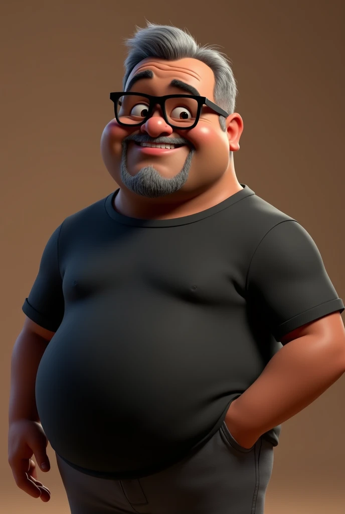 Cartoon character of a middle-aged black man with very short hair, wearing black glasses. Stylized character, animation-style rendering, 3D stylized rendering, Arnold Maya render, 3D stylized render, toon Keyshot render, 3D character, 3D stylized rendering, cartoon character, character close-up, character pose, Pixar style, high quality, cinematic lighting, sharp focus, detailed texture, detailed skin, clay, bokeh, 8K. The man should have the following characteristics: A middle-aged man with a broad build and overweight, casually relaxed hands. His skin tone is dark brown with a warm undertone. He has only two prominent vertical wrinkles between his eyebrows. His beard is very short, trimmed, and sparse, with more white hairs on the chin and the rest being dark gray. His hair is gray, extremely short on top, styled to the right side, and shaved on the sides. He wears modern black glasses. His eyebrows are thick and well-defined, and his eyes are very dark brown, conveying warmth and friendliness. The man is dressed in an oversized black t-shirt and dark gray pants without a belt. Incorporate the following ancestry characteristics: 43% European (17% Iberian and 17% Western European, including Germany, France, and the Netherlands), 4% Sephardic Jewish, 3% Fennoscandian, less than 2% Balkan and Lapland and Volga-Ural, 41% from the Americas, 9% from the Middle East and Maghreb, and 7% from Africa.