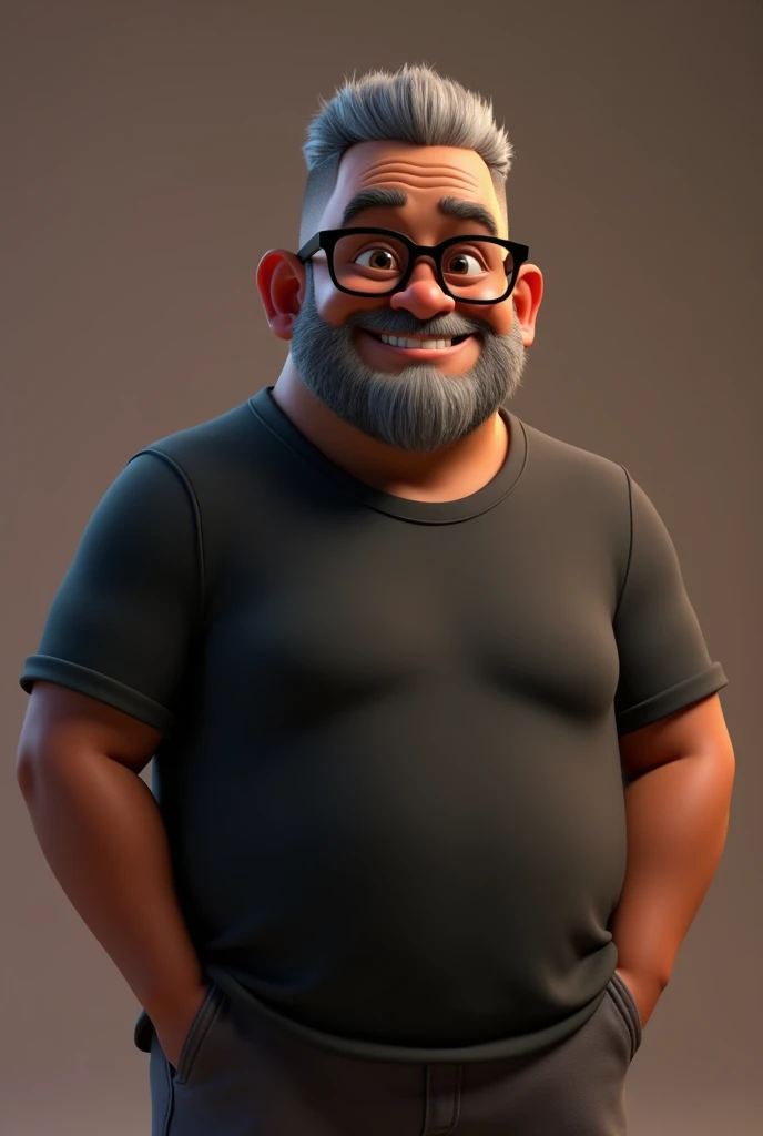 Cartoon character of a middle-aged black man with very short hair, wearing black glasses. Stylized character, animation-style rendering, 3D stylized rendering, Arnold Maya render, 3D stylized render, toon Keyshot render, 3D character, 3D stylized rendering, cartoon character, character close-up, character pose, Pixar style, high quality, cinematic lighting, sharp focus, detailed texture, detailed skin, clay, bokeh, 8K. The man should have the following characteristics: A middle-aged man with a broad build and overweight, casually relaxed hands. His skin tone is dark brown with a warm undertone. He has only two prominent vertical wrinkles between his eyebrows. His beard is very short, trimmed, and sparse, with more white hairs on the chin and the rest being dark gray. His hair is gray, extremely short on top, styled to the right side, and shaved on the sides. He wears modern black glasses. His eyebrows are thick and well-defined, and his eyes are very dark brown, conveying warmth and friendliness. The man is dressed in an oversized black t-shirt and dark gray pants without a belt. Incorporate the following ancestry characteristics: 43% European (17% Iberian and 17% Western European, including Germany, France, and the Netherlands), 4% Sephardic Jewish, 3% Fennoscandian, less than 2% Balkan and Lapland and Volga-Ural, 41% from the Americas, 9% from the Middle East and Maghreb, and 7% from Africa.