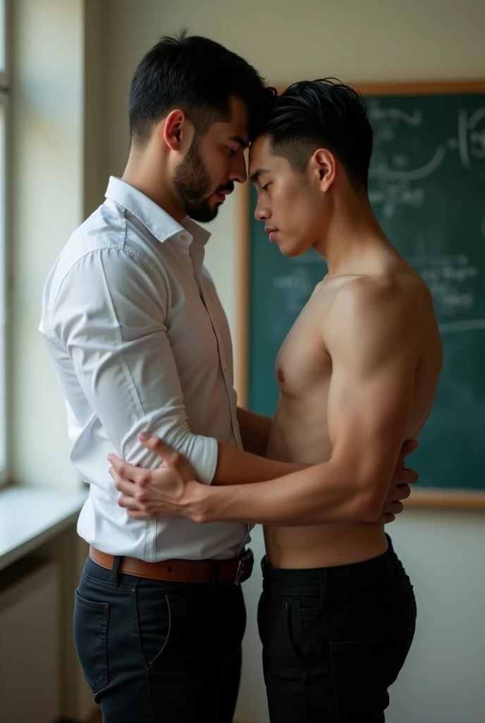Two handsome Vietnamese men,A teacher and a male student,The teacher is 35 years old, muscular, masculine, lustful, wearing a shirt, open-chested shirt, showing off his body, firm abs and full chest, and tight black pants, clean shaven,The male student is 20 years old, white skin and short black hair, perfect body proportions, wearing a shirt, open-chested shirt, showing off his body, firm abs and full chest, clean shaven, sexy clothes,The teacher stands hugging the male student from behind,Male teacher and male student.The teacher pushes his hips against the male student's butt in a university classroom. Sexy male student. Lustful teacher. Teacher and student. Reality.