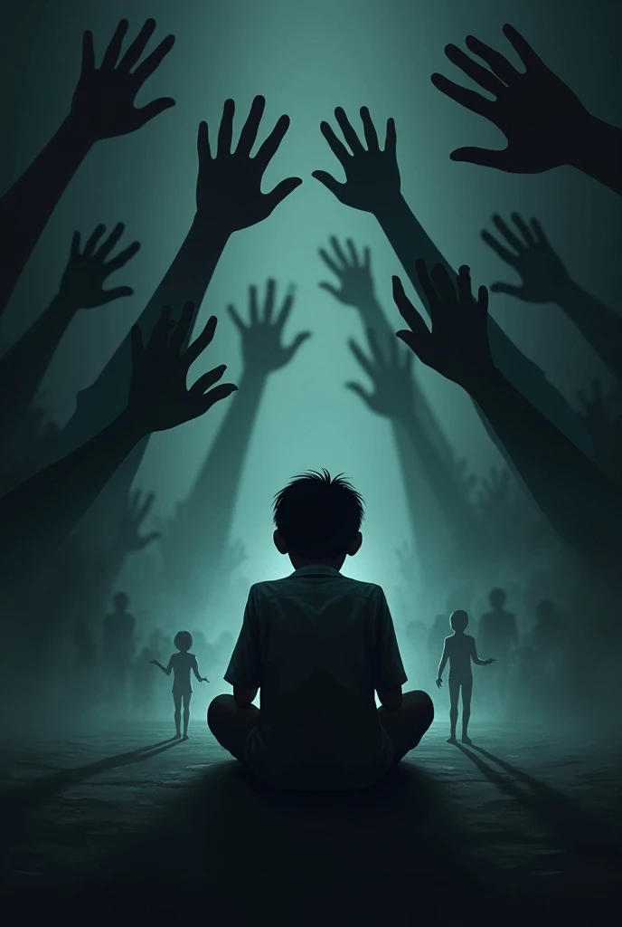 Depict a person sitting alone, overwhelmed by dark, shadowy hands emerging from their phone or computer screen, representing the hurtful messages of cyberbullying. The shadows surround the person, showing the emotional weight, while faint, distant figures of friends or loved ones try to reach out, symbolizing the isolation the victim feels.