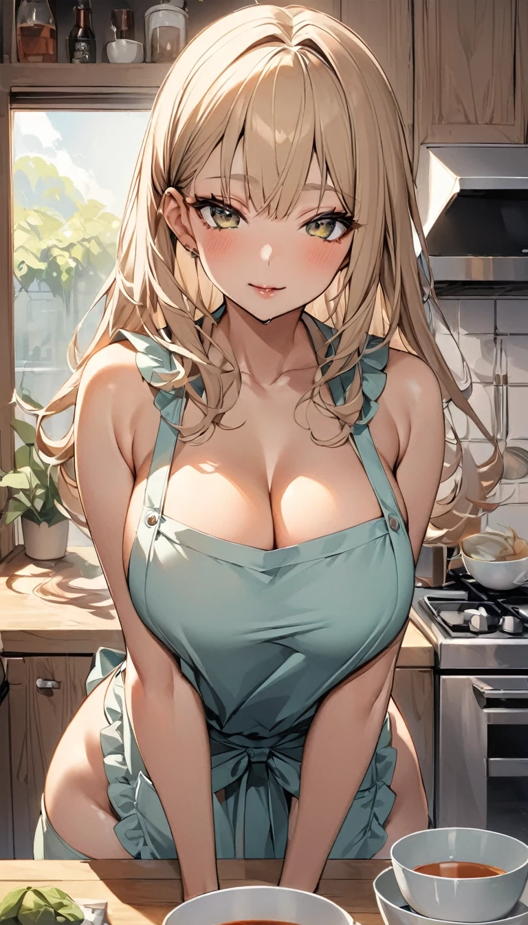 Highest quality、One woman、Full-body portrait of a beautiful woman in an apron、Random sexy poses、knit、Tea-colored hair, half-up style、Straight body type、Natural Lip、Beautiful breasts、Open kitchen