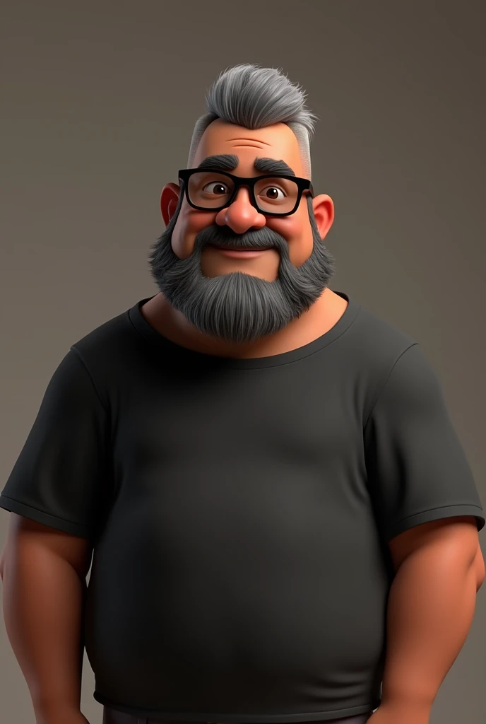 Cartoon character of a middle-aged black man with very short hair, wearing black glasses. Stylized character, animation-style rendering, 3D stylized rendering, Arnold Maya render, 3D stylized render, toon Keyshot render, 3D character, 3D stylized rendering, cartoon character, character close-up, character pose, Pixar style, high quality, cinematic lighting, sharp focus, detailed texture, detailed skin, clay, bokeh, 8K. The man should have the following characteristics: A middle-aged man with a broad build and overweight, casually relaxed hands. His skin tone is dark brown with a warm undertone. He has only two prominent vertical wrinkles between his eyebrows. His beard is very short, trimmed, and sparse, with more white hairs on the chin and the rest being dark gray. His hair is gray, extremely short on top, styled to the right side, and shaved on the sides. He wears modern black glasses. His eyebrows are thick and well-defined, and his eyes are very dark brown, conveying warmth and friendliness. The man is dressed in an oversized black t-shirt and dark gray pants without a belt. Incorporate the following ancestry characteristics: 43% European (17% Iberian and 17% Western European, including Germany, France, and the Netherlands), 4% Sephardic Jewish, 3% Fennoscandian, less than 2% Balkan and Lapland and Volga-Ural, 41% from the Americas, 9% from the Middle East and Maghreb, and 7% from Africa.