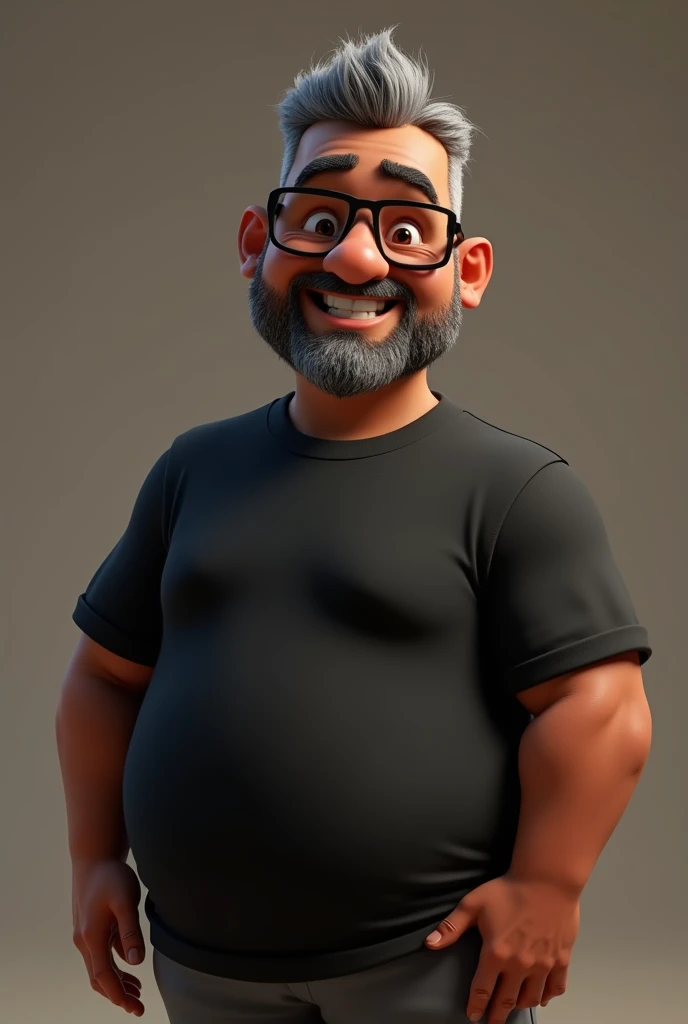 Cartoon character of a middle-aged black man with very short hair, wearing black glasses. Stylized character, animation-style rendering, 3D stylized rendering, Arnold Maya render, 3D stylized render, toon Keyshot render, 3D character, 3D stylized rendering, cartoon character, character close-up, character pose, Pixar style, high quality, cinematic lighting, sharp focus, detailed texture, detailed skin, clay, bokeh, 8K. The man should have the following characteristics: A middle-aged man with a broad build and overweight, casually relaxed hands. His skin tone is dark brown with a warm undertone. He has only two prominent vertical wrinkles between his eyebrows. His beard is very short, trimmed, and sparse, with more white hairs on the chin and the rest being dark gray. His hair is gray, extremely short on top, styled to the right side, and shaved on the sides. He wears modern black glasses. His eyebrows are thick and well-defined, and his eyes are very dark brown, conveying warmth and friendliness. The man is dressed in an oversized black t-shirt and dark gray pants without a belt. Incorporate the following ancestry characteristics: 43% European (17% Iberian and 17% Western European, including Germany, France, and the Netherlands), 4% Sephardic Jewish, 3% Fennoscandian, less than 2% Balkan and Lapland and Volga-Ural, 41% from the Americas, 9% from the Middle East and Maghreb, and 7% from Africa.