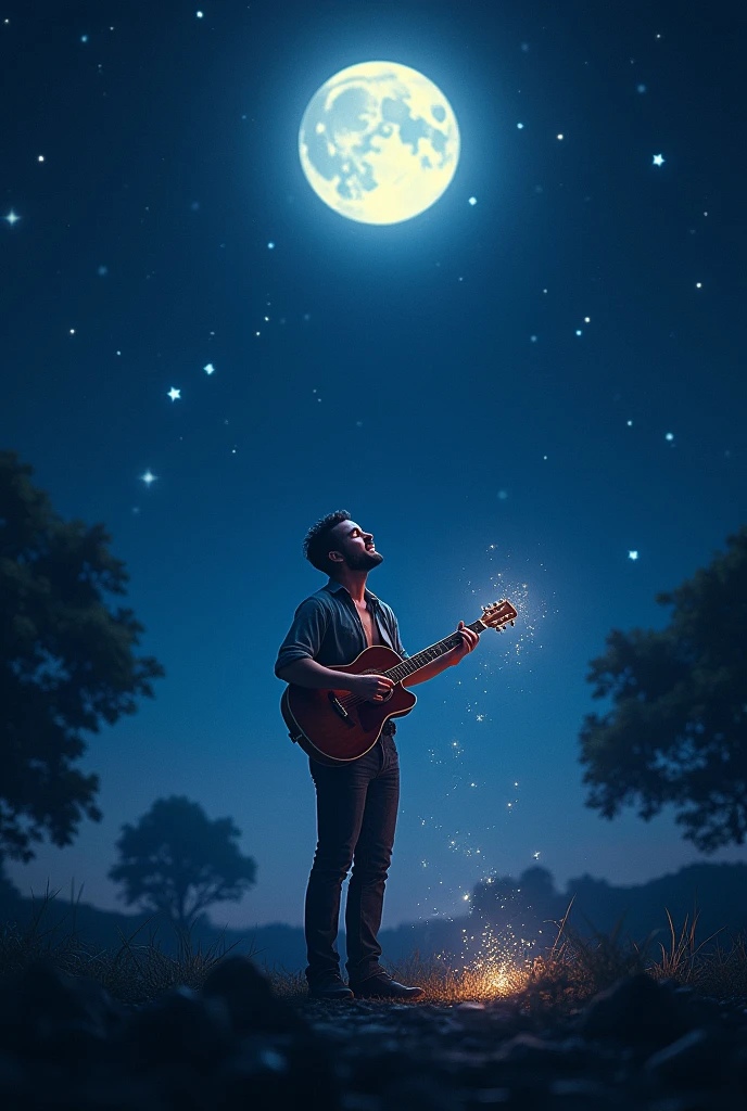 Dark night sky with bright moon and stars under which a men singing with a guitar. Bright glittering effects in the men, trees and sky.