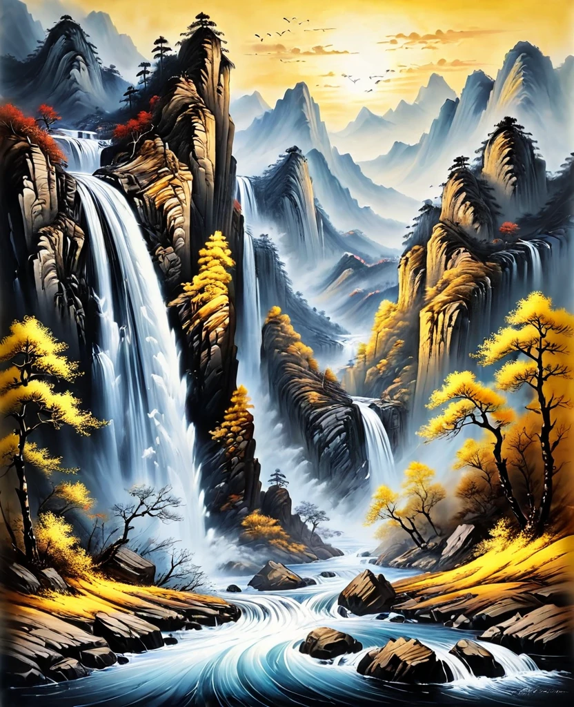 (Masterpiece, best quality: 1.2), traditional Chinese ink painting, large waterfall between mountains, rough waves, Yellow River, grandeur
