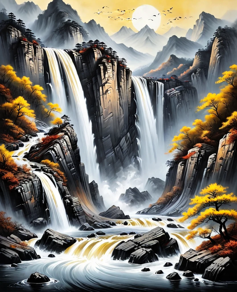 (Masterpiece, best quality: 1.2), traditional Chinese ink painting, large waterfall between mountains, rough waves, Yellow River, grandeur
