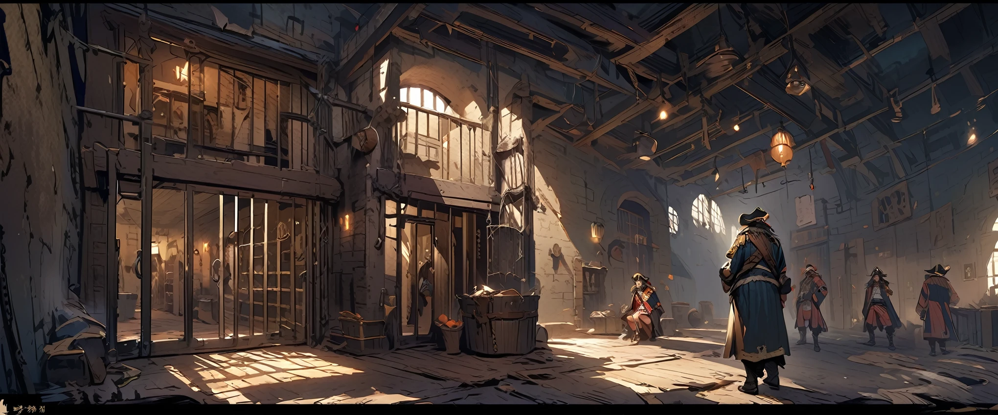 prison,concept art,pirates in prison,cells,pirates,marine guards