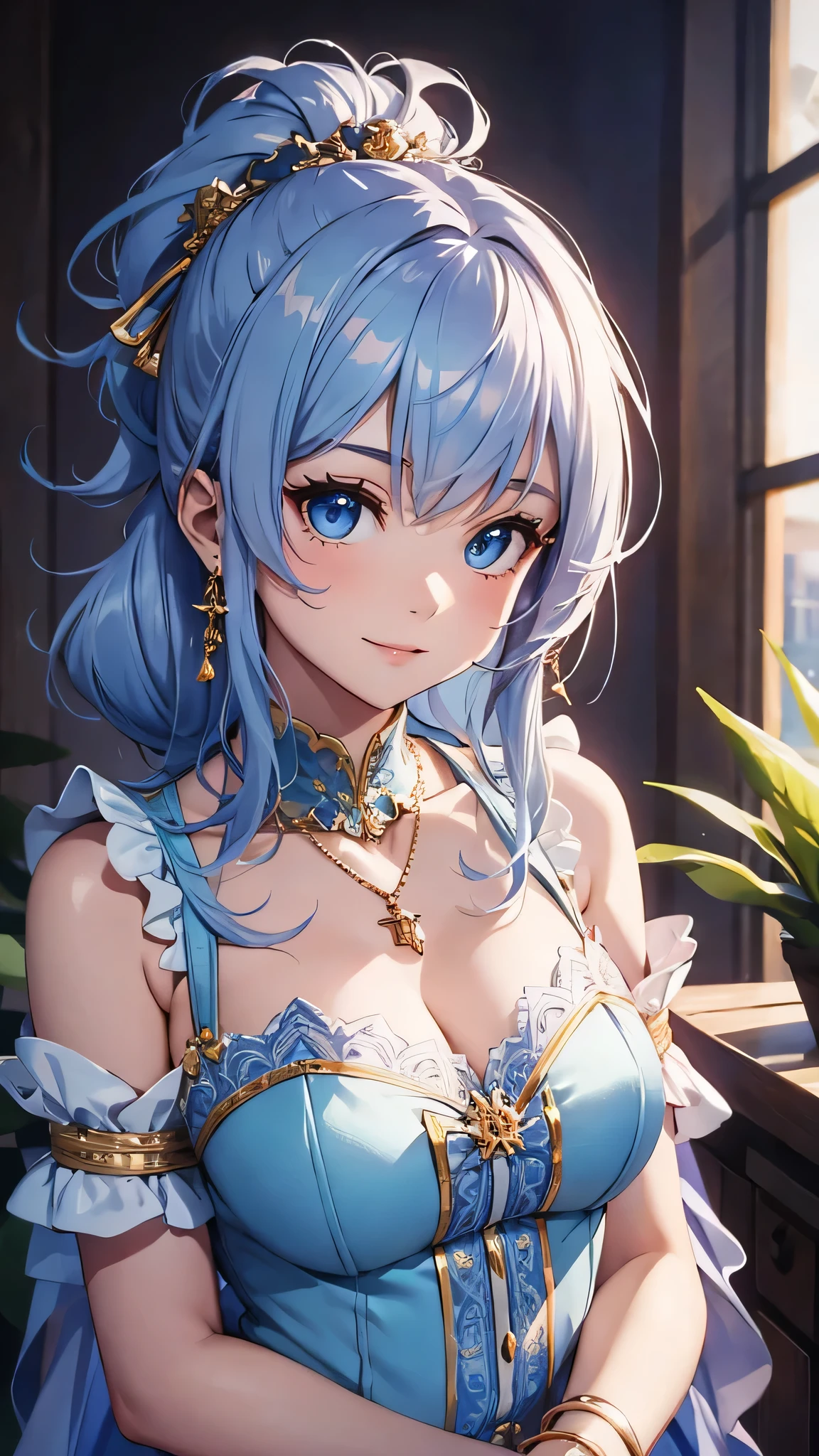 最high quality、Best image quality、masterpiece、With a girl((cute、18-year-old、Best Bust、Medium Bust、Beautiful Blue Eyes、Spread your chest wide,Pastel Hair、ponytail、Disheveled Hair、thin、Highest Valley、Pastel Dress、smile、necklace、Wristband、)）high quality、Beautiful art、background((Pastel Room)),Tabletop、Exquisite design、Visual Arts、Written boundary depth、Best lighting、Highest detail、8ｋ